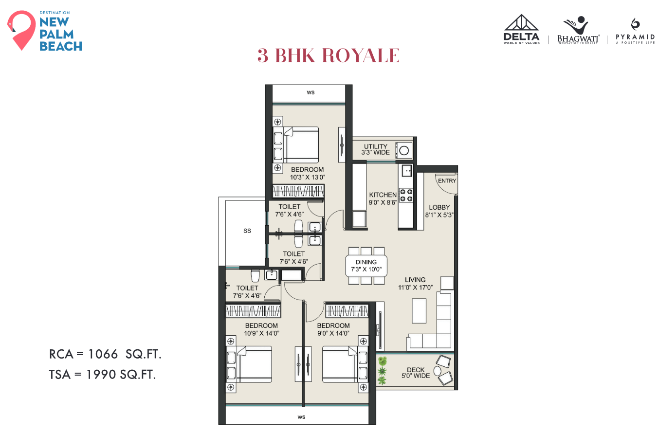 3 bhk floor plan Delta New Palm Beach